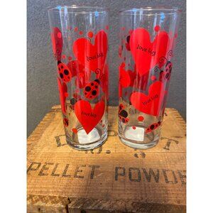 Set of 2 Anchor Hocking Love Bug Drinking Glasses Red Black Valentines Hearts